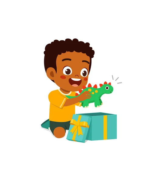 Little Kid Opening Gift Box Feel Happy — Stock Vector