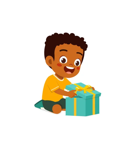 Μικρό Παιδί Ανοίγοντας Κουτί Δώρου Και Αισθάνονται Ευτυχισμένοι — Διανυσματικό Αρχείο