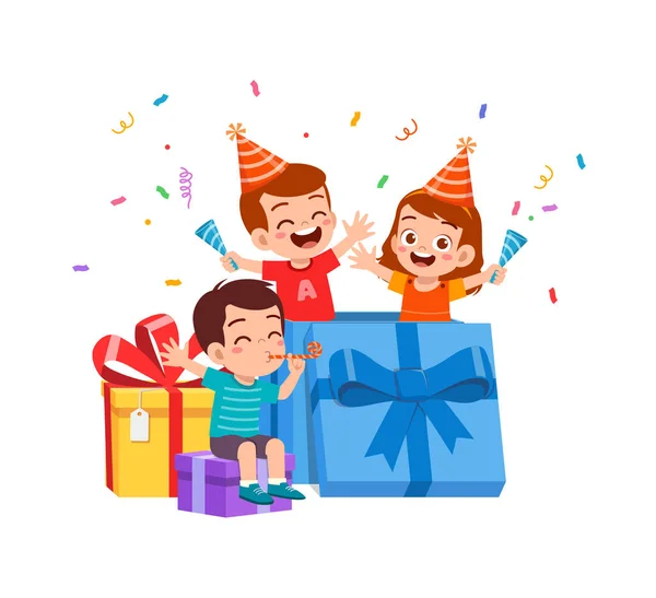 Malé Dítě Oslavit Narozeniny Hrát Uvnitř Velké Dárkové Krabice — Stockový vektor