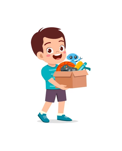 Criança Segurando Uma Caixa Cheia Brinquedos Para Doação — Vetor de Stock