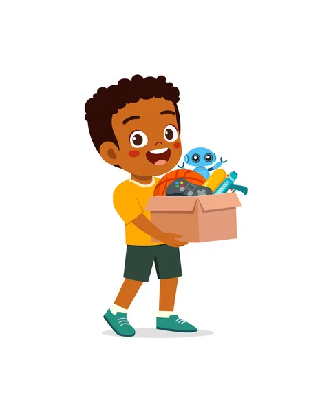 小男孩站在那里 手里拿着一盒玩具 准备捐赠 — 图库矢量图片