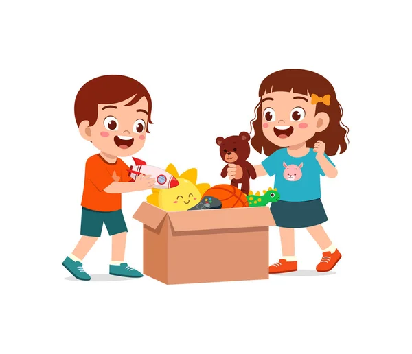 Liten Unge Sätta Leksaker Till Box För Donation Med Vän — Stock vektor