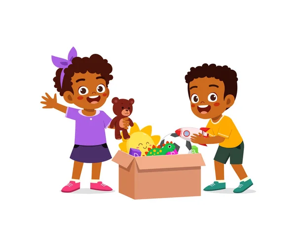 Mały Dzieciak Umieścić Zabawki Pudełka Darowizny Przyjacielem — Wektor stockowy
