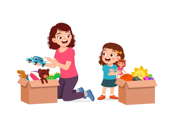 Μικρό Παιδί Έβαλε Παιχνίδια Στο Κουτί Για Δωρεά Μητέρα — Διανυσματικό Αρχείο
