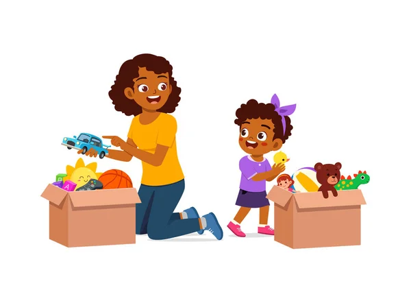 Klein Kind Zet Speelgoed Naar Doos Voor Donatie Met Moeder — Stockvector