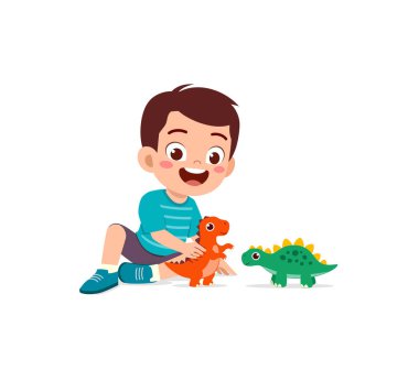 Küçük çocuk dinozor oyuncağıyla oynar ve mutlu olur.