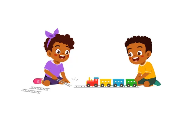 Criança Brincando Brinquedo Trem Feito Plástico Com Amigo Sentir Feliz — Vetor de Stock