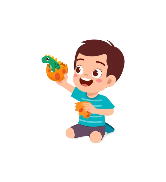 Μικρό Παιδί Παίζει Παιχνίδι Δεινοσαύρου Και Αισθάνονται Ευτυχισμένοι — Διανυσματικό Αρχείο