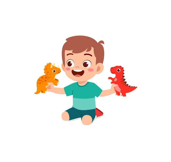 Bambino Gioca Con Giocattolo Dinosauro Sente Felice — Vettoriale Stock