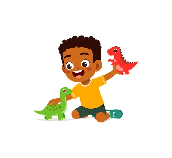 小さな子供が恐竜のおもちゃで遊んで幸せを感じる — ストックベクタ