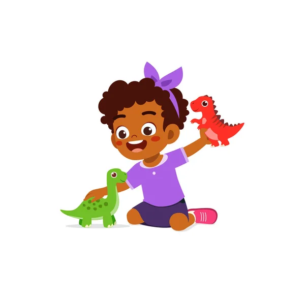 Маленька Дитина Грає Іграшкою Динозавра Відчуває Себе Щасливою — стоковий вектор