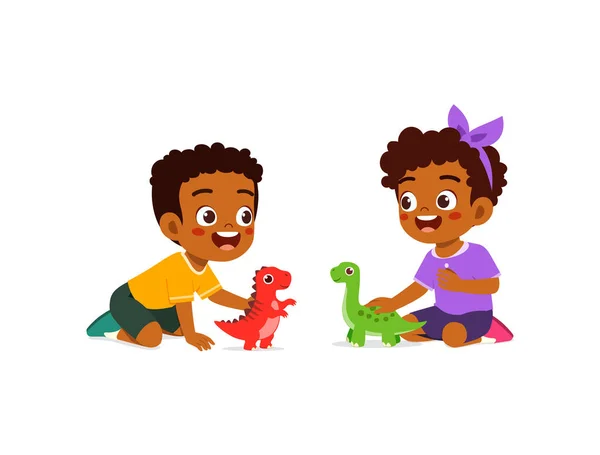 Criança Pequena Jogar Brinquedo Dinossauro Com Amigo Sentir Feliz — Vetor de Stock