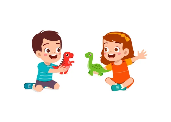 Criança Pequena Jogar Brinquedo Dinossauro Com Amigo Sentir Feliz —  Vetores de Stock