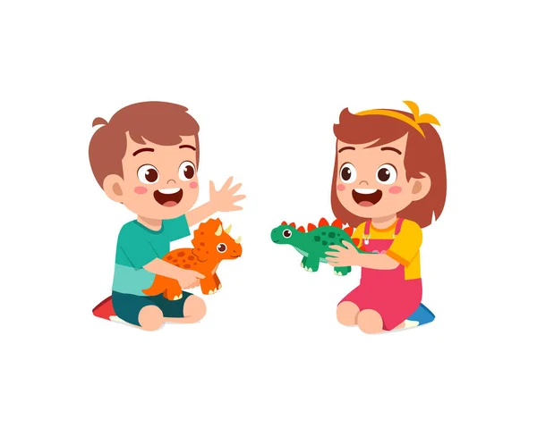 Bambino Giocare Giocattolo Dinosauro Con Amico Sentirsi Felici — Vettoriale Stock