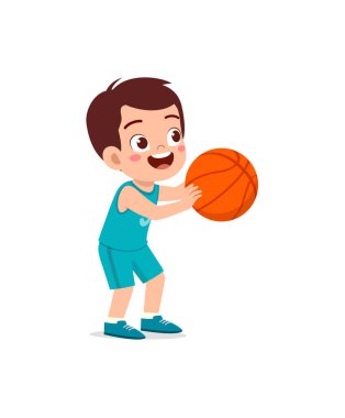 Küçük çocuk basketbol oynar ve mutlu olur.