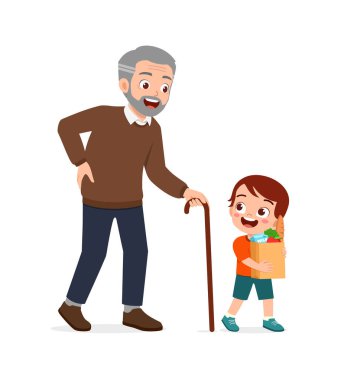 Küçük çocuk ihtiyarın bakkal getirmesine yardım ediyor.