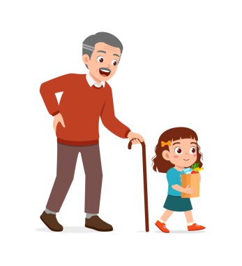 Küçük çocuk ihtiyarın bakkal getirmesine yardım ediyor.