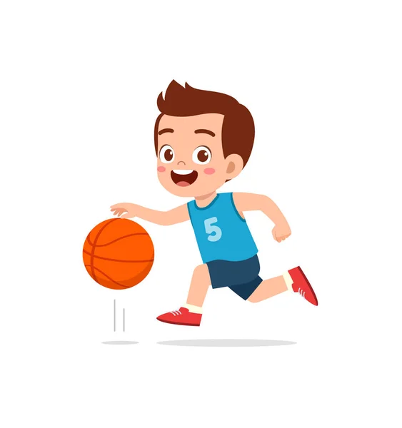 Niño Pequeño Jugar Baloncesto Sentirse Feliz — Vector de stock