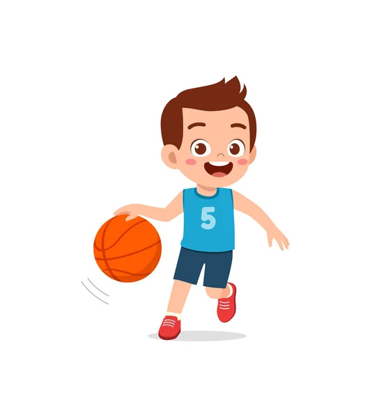 Μικρό Παιδί Παίζει Μπάσκετ Και Νιώθει Ευτυχισμένο — Διανυσματικό Αρχείο