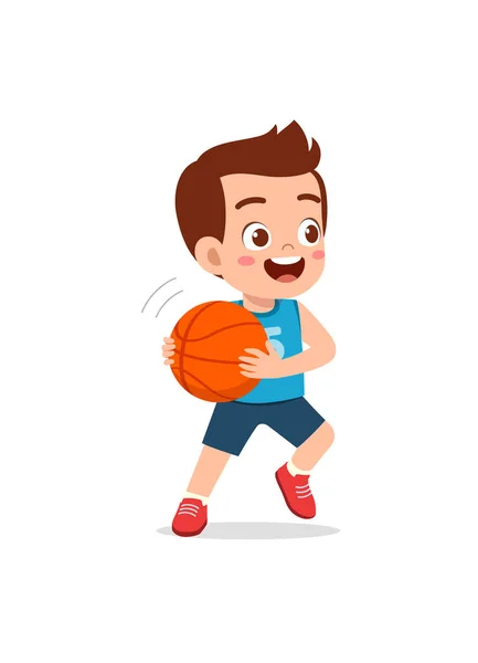 Küçük Çocuk Basketbol Oynar Mutlu Olur — Stok Vektör