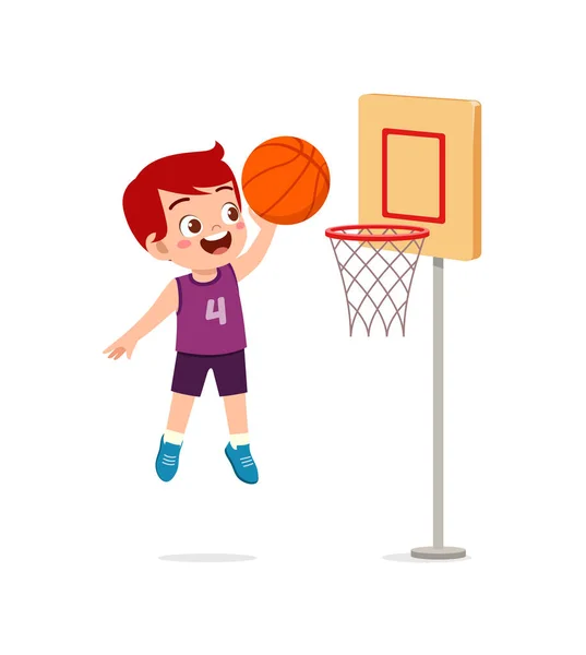 Μικρό Παιδί Παίζει Μπάσκετ Και Νιώθει Ευτυχισμένο — Διανυσματικό Αρχείο