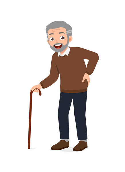 old man using walking cane and feel happy