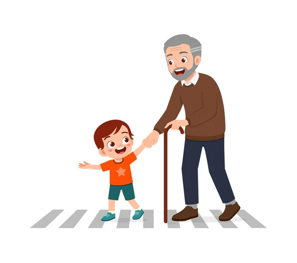 老人が道路を渡るのを手伝っている小さな子供は — ストックベクタ