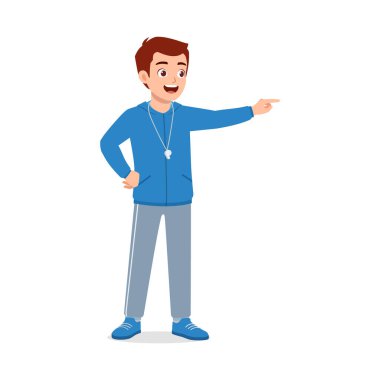 Ayakta duran ve işaret eden genç beden eğitimi öğretmeni