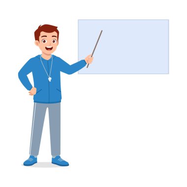 happy young physical education teacher explaining with board clipart