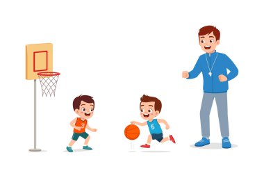 Genç öğretmen çocuklara basketbol dersi veriyor.