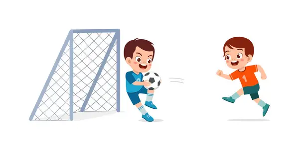 Bambino Giocare Calcio Con Amico Insieme — Vettoriale Stock