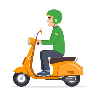 Genç adam mobilete biniyor ve mutlu.