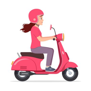 Genç bir kadın mobilete biniyor ve mutlu.
