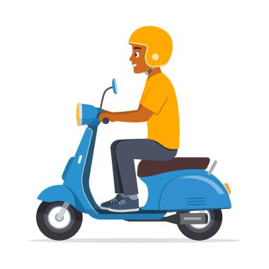 Genç adam mobilete biniyor ve mutlu.
