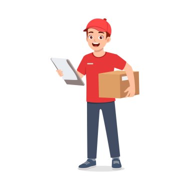 Genç kurye paketini ve panosunu tutuyor.