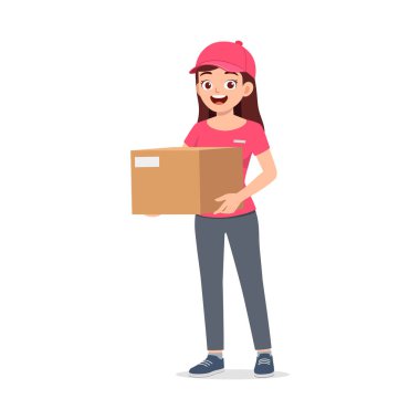 Paket taşıyan genç teslimatçı kadın ve gülümseme