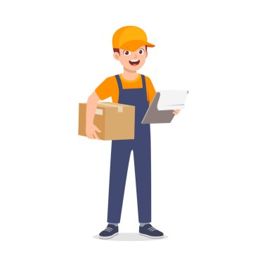 Genç kurye paketini ve panosunu tutuyor.