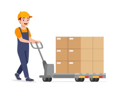 Genç teslimatçı, paket kutusuyla birlikte arabayı it.