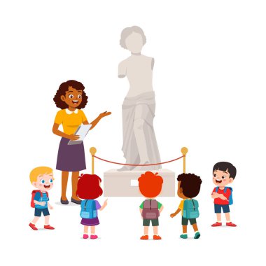 Küçük çocuk ve arkadaşları heykel izlemek için müzeye giderler.