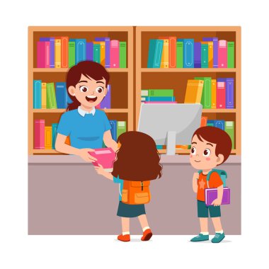 Küçük çocuk ve arkadaşı kütüphaneciden kütüphaneden kitap ödünç ister.