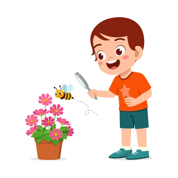 Kleines Kind Nutzt Lupe Biene Beobachten Stockvektor