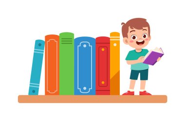Küçük çocuk kütüphanede kitap okuyor.