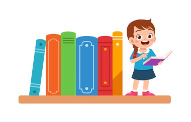 Küçük çocuk kütüphanede kitap okuyor.