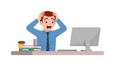 Adam çalışan masa başında oturup ofiste çalışıyor ve bağırıyor ve panikliyor.