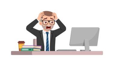 Adam çalışan masa başında oturup ofiste çalışıyor ve bağırıyor ve panikliyor.