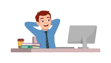 Adam çalışan masa başında oturup ofiste çalışıyor ve rahatlıyor.