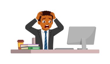 Adam çalışan masa başında oturup ofiste çalışıyor ve bağırıyor ve panikliyor.