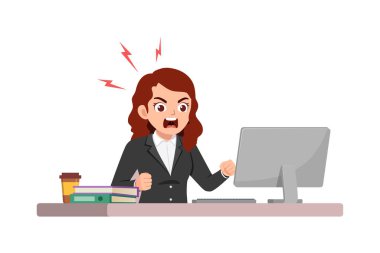 Kadın çalışan masa başında oturuyor ofiste çalışıyor ve bağırıyor.