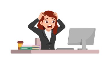 Adam çalışan masa başında oturup ofiste çalışıyor ve bağırıyor ve panikliyor.