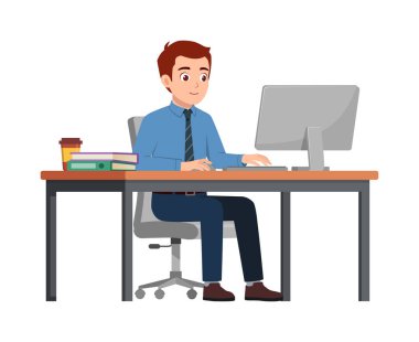Mutlu adam masa başında oturup bilgisayarla çalışıyor.